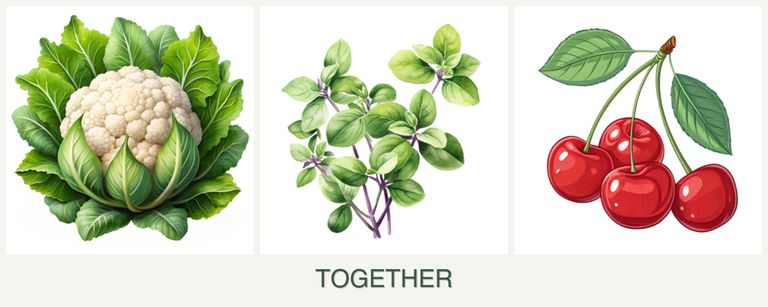 Can you plant cauliflower, oregano and cherries together?