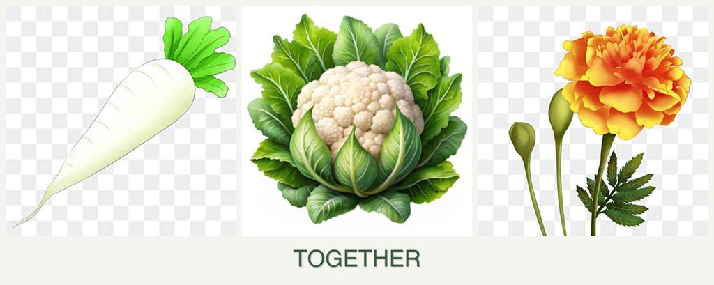 Can you plant radishes, cauliflower and marigolds together?